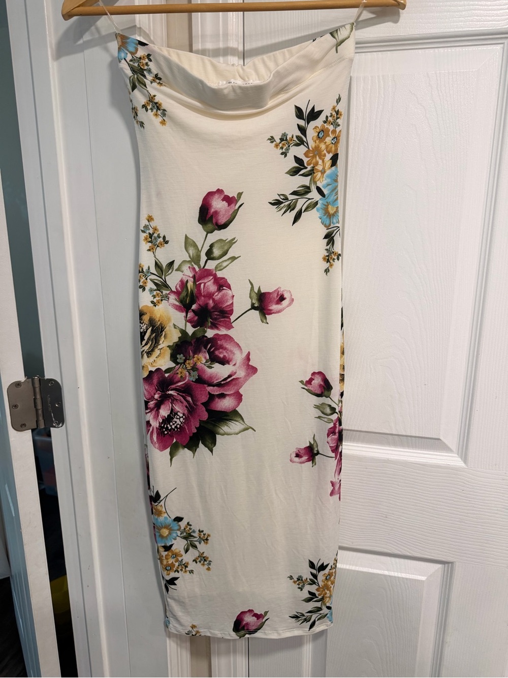 Black Bead Cream Strapless Midi Dress with Pink & Blue Floral Print